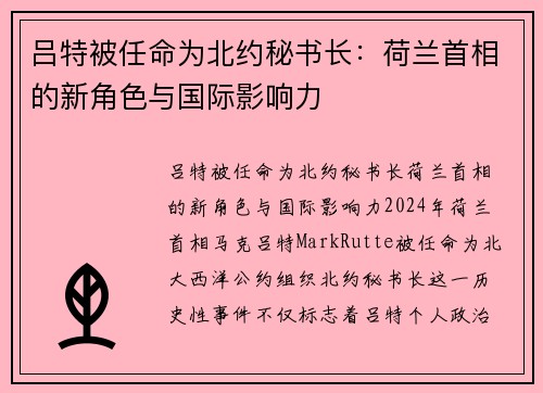 吕特被任命为北约秘书长：荷兰首相的新角色与国际影响力